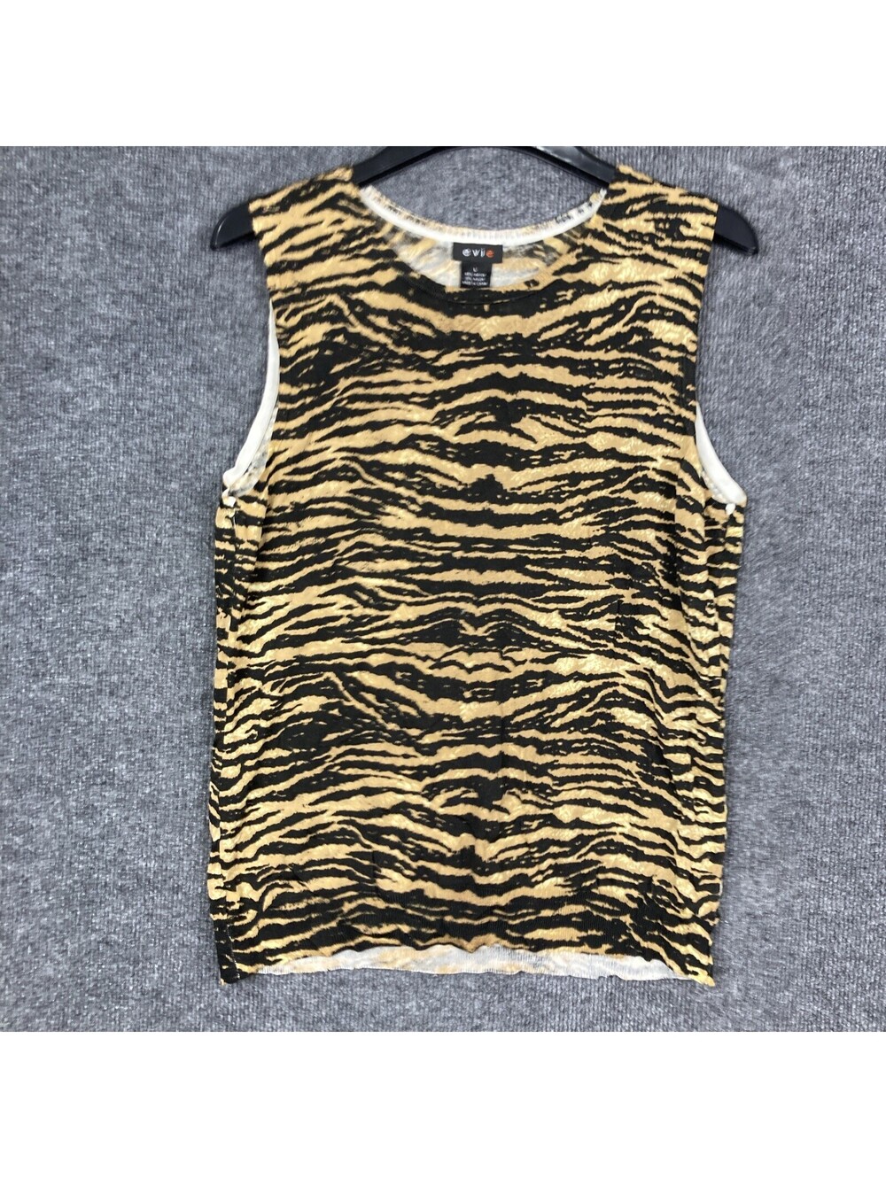 Evie Womens Size Large Black & Brown Animal Stripe Round Neck Sleeveless Top EUC